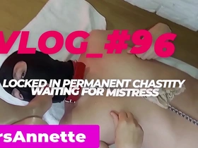 In a chastity belt licks out pussy of the mistress. a guy in a collar licks a pussy of a young girl