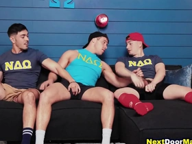 Buff guy threesome fucked in a frat house