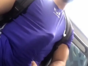 Muscle guy with big dick on bus