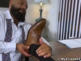 Bearded august masturbates his bbc while being foot licked