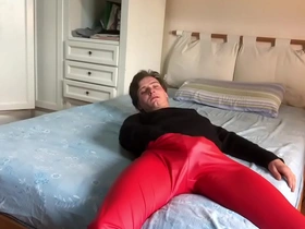 Fetish with red leather pants