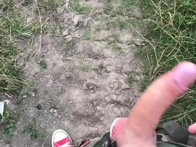 Teen boy jerking his big dick using two hands outdoor / fit boy /hot / cute