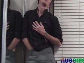 Slender aussie stud jersey plays his ass with massive dildo