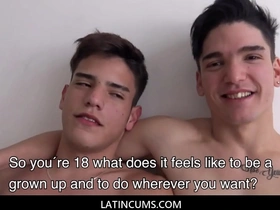 Two young virgin twink latino boyfriends fuck for first time for producer