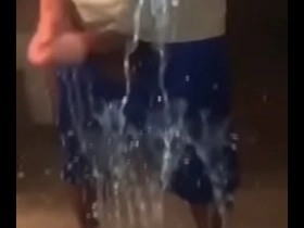 Guy shoots cum ropes on mirror