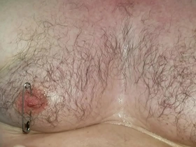Male nipples playpiercing with safety pins and foley catheter play