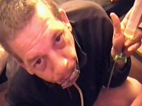 Bisexual mark wright swollows a 180 ml of his own piss threw a homemade piss tube