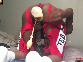 Using huge dildo to up his destroyed hole - the ass bouquet of buttplug with the inflatable pumps, moaning with a prolapsed black eye - ass monkey - theamofficial