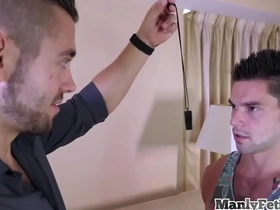 Fishnet hunk strips before bareback fucking until creampie