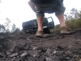 Stuck in the mud in the woods time for a bottle fuck quicky