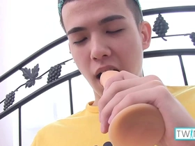 Skinny brunette boy xander bangs a dildo and rubs his big hard cock!