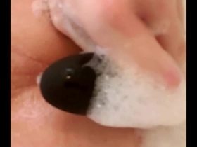 Anal with dildo & vibrator in bubble bath,  cumshot near end