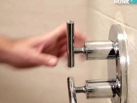 Bearded jock masturbates in close up action after shower