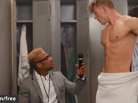 (adrian hart) gets distracted during the interview when (felix fox) strips down to nothing but a towel - men - follow and watch felix at  www.men.com/felix