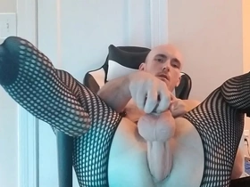Throbbingmaxx in fishnet ramming his ass with monster dildos