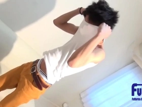 A fresh 18-year-old with big and round eyes reacts sensitively to his first male !