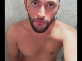 Son of lilith jerking his big uncut cock and eating his own cum