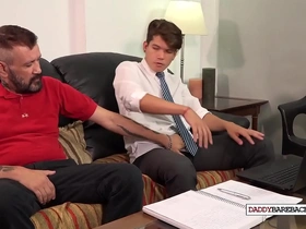 Inked dilf bareback fucked by hung twink in uniform