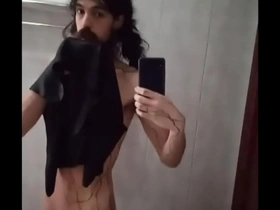 Very long bearded femenine boy teasing cock on mirror